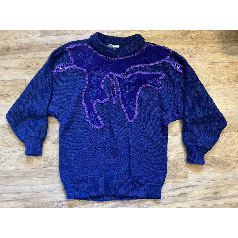 Vintage 80s Purple Sweater Retro Embellished Oversized Bedazzled Womens Size XL